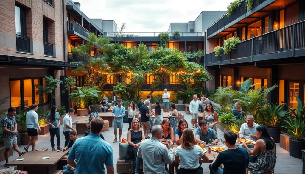 A vibrant community gathering in a shared urban space. In the foreground, a lively group of people engaging in various activities - some playing outdoor games, others gathered around a table for a casual meal. The middle ground features a well-designed common area with comfortable seating, lush greenery, and warm lighting creating a cozy ambiance. In the background, the architectural details of the co-living space are visible, showcasing a harmonious blend of modern and natural elements. The scene exudes a sense of togetherness, fostering a strong community spirit.