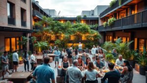 A vibrant community gathering in a shared urban space. In the foreground, a lively group of people engaging in various activities - some playing outdoor games, others gathered around a table for a casual meal. The middle ground features a well-designed common area with comfortable seating, lush greenery, and warm lighting creating a cozy ambiance. In the background, the architectural details of the co-living space are visible, showcasing a harmonious blend of modern and natural elements. The scene exudes a sense of togetherness, fostering a strong community spirit.