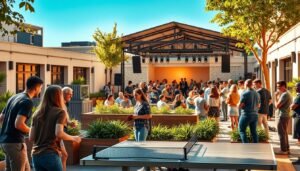 A vibrant, sun-dappled community hub with a lively mix of shared activities and social gatherings. In the foreground, a group of young professionals engage in a friendly game of outdoor ping-pong, their laughter and camaraderie filling the air. The middle ground features a cozy seating area surrounded by verdant planters, where residents sip coffee and chat animatedly. In the background, a large open-air stage hosts a live music performance, the melody carrying across the space and drawing in a diverse crowd. The lighting is warm and inviting, casting a golden glow that enhances the sense of connection and togetherness. The overall atmosphere is one of a thriving, inclusive community, where shared experiences and leisure activities bring people together in a harmonious, visually striking setting.