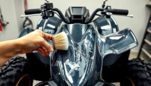 A well-lit, close-up photograph of an ATV's faded plastic components being cleaned with a soft brush and a mild cleaning solution. The ATV is positioned in a clean, organized workshop setting, with a clear focus on the cleaning process. Bright lighting from multiple angles highlights the texture and details of the plastic surfaces, while a neutral background allows the subject to stand out. The image conveys a sense of care and attention to detail during the restoration process, supporting the article's focus on reviving faded plastics.