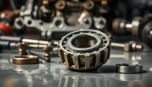 A well-lit, detailed image of a disassembled engine bearing, with tools and components arranged neatly on a clean, reflective surface. The foreground features the bearing itself, showcasing its inner workings and wear patterns. The middle ground displays a set of specialized tools, such as bearing pullers and installation tools, arranged in an orderly fashion. The background provides a sense of depth, perhaps with a blurred, out-of-focus engine block or other automotive components, conveying the context of engine repair. The overall mood is one of technical precision and problem-solving, inviting the viewer to delve into the intricacies of engine maintenance and troubleshooting.