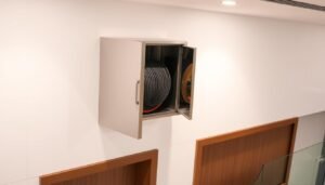 A well-lit, high-angle view of a fire hose reel cabinet installation in a modern Singapore commercial or residential space. The cabinet is mounted on a clean, minimalist wall, with crisp lines and a sleek, stainless steel finish. The cabinet door is open, revealing the fire hose neatly coiled inside. The scene conveys a sense of order, safety, and attention to detail, with the surrounding environment suggesting a professional, well-maintained setting. The lighting is bright and even, with a subtle warm glow, emphasizing the technical aspects of the installation while maintaining a visually appealing aesthetic.