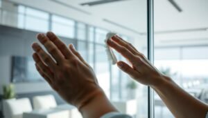 A well-lit, high-resolution close-up view of a person's hands carefully inspecting and cleaning the surface of a pane of electrochromic glass. The glass has a slight tint, indicating it is in an energy-saving mode. Soft, diffused lighting illuminates the scene, creating a serene, professional atmosphere. In the background, a sleek, modern interior with minimalist furnishings can be seen through the glass. The person's movements are precise and deliberate, showcasing the delicate maintenance required to ensure the long-lasting performance of this sustainable technology.