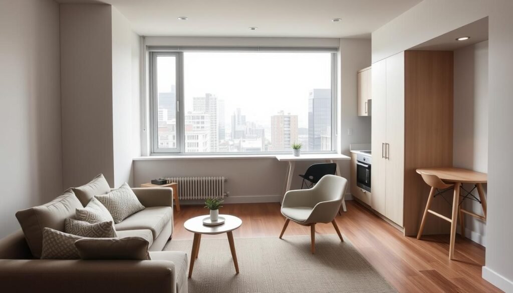 A well-lit, modern co-living space with a focus on functional and affordable design. The foreground features a comfortable yet minimalist living room setup, with a plush sectional sofa, a small coffee table, and a minimalist, scandinavian-inspired armchair. The middle ground showcases a shared kitchenette area with sleek, light-colored cabinets, a compact refrigerator, and a simple dining table with stools. The background depicts a large window overlooking a bustling urban landscape, allowing ample natural light to flood the space. The overall atmosphere conveys a sense of efficiency, practicality, and community, suitable for students and young professionals seeking an accessible and comfortable co-living experience.