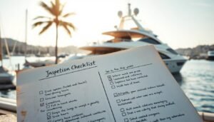 A well-worn, weathered yacht inspection checklist in the foreground, with a sunlit, semi-opulent yacht in the middleground, and a picturesque harbor backdrop of sailboats, palm trees, and a glimmering coastal skyline. The checklist has handwritten notes, check marks, and details like engine hours, interior condition, and hull integrity. Soft, warm lighting casts a golden glow, conveying a sense of careful consideration and experienced evaluation of a high-quality pre-owned yacht.