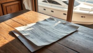 A well-worn yacht inspection checklist lies on a weathered wooden table, illuminated by soft natural light filtering through a nearby window. The document is adorned with handwritten notes, checkmarks, and smudges, conveying the sense of a thorough and experienced inspection. In the background, a gently used yacht can be seen through the window, its sleek lines and polished hull suggesting the luxury and adventure it has to offer. The overall scene evokes a sense of careful consideration and the importance of due diligence when purchasing a pre-owned vessel.