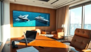A yacht broker's office in Singapore, bathed in warm, natural light streaming through large windows. The foreground features a polished desk with a laptop, contract documents, and a phone - the tools of the broker's trade. Behind it, a wall-mounted display showcases stunning aerial photography of luxury yachts, their sleek silhouettes gliding across azure waters. In the middle ground, comfortable leather chairs invite clients to discuss their vessel preferences, while the background reveals a panoramic view of the lively harbor, sailboats dotting the horizon. An atmosphere of professionalism, expertise, and a passion for the open sea pervades the scene.