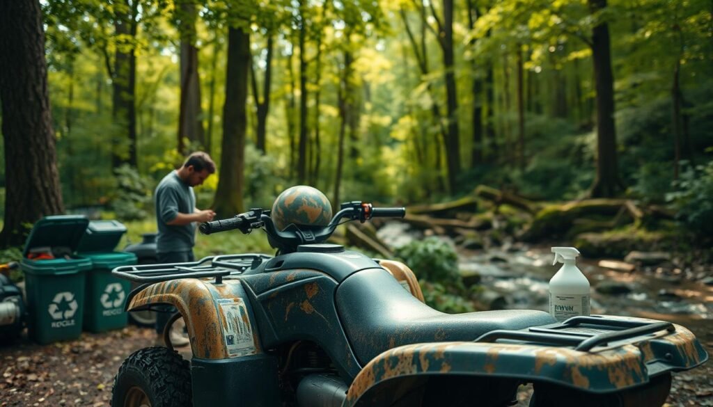 An ATV parked in a lush, verdant forest, its faded plastic body bathed in soft, diffused natural light. In the foreground, a mechanic carefully examines the vehicle, considering the environmental impact of restoration. The middle ground reveals recycling bins and eco-friendly cleaning supplies, hinting at sustainable practices. In the background, towering trees and a babbling brook create a serene, nature-centric atmosphere. The scene conveys a sense of responsible stewardship, where the restoration process harmonizes with the surrounding environment.