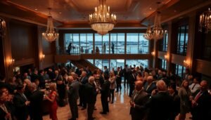 An elegant, dimly lit yacht club ballroom filled with well-dressed patrons enjoying an exclusive social gathering. Chandeliers cast a warm glow, complementing the luxurious furnishings and gleaming marble floors. In the foreground, smartly attired guests mingle and converse, champagne flutes in hand. The middle ground reveals a grand staircase leading to a balcony overlooking the event. In the background, floor-to-ceiling windows offer glimpses of yachts docked in the marina beyond. A sense of refined sophistication and privileged access permeates the scene.