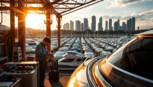 An expertly crafted scene of a boat maintenance facility in Singapore, bathed in warm, golden sunlight filtering through the towering structures. In the foreground, a skilled technician meticulously inspects the engine of a sleek, well-maintained vessel, surrounded by a neatly organized array of tools and spare parts. The middle ground reveals rows of boats docked at the marina, their hulls gleaming from recent care and attention. In the background, the iconic Punggol Promenade skyline rises, creating a harmonious blend of industrial and natural elements. The overall atmosphere exudes a sense of professionalism, attention to detail, and the dedication required to ensure a boat's optimal performance and longevity.