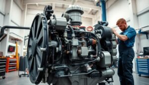 Detailed interior view of a used yacht engine in a well-lit, spacious workshop in Singapore. The engine is disassembled, revealing its intricate components and mechanisms. A mechanic in overalls examines the engine parts closely, evaluating their condition. The workshop features high ceilings, modern tools, and a clean, organized layout, conveying a professional and high-quality environment for yacht maintenance and inspections. The image should emphasize the importance of thorough inspections when purchasing a used yacht, providing potential buyers with a realistic understanding of the level of care and attention required.