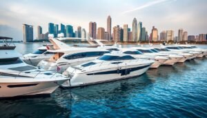 High-quality 34-foot yachts moored in a picturesque Singapore harbor, with the city skyline in the background. The yachts are sleek and modern, with clean lines and gleaming white hulls. The water is a calm, shimmering blue, reflecting the yachts and the surrounding skyscrapers. Soft, warm lighting illuminates the scene, creating a serene and luxurious atmosphere. The composition features a balanced arrangement of the yachts, with various angles and perspectives to showcase their unique features. The level of detail is high, allowing the viewer to appreciate the craftsmanship and design of these desirable 34-foot yacht models available in Singapore.