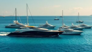 Majestic luxury motor and sailing yachts gracefully gliding across a serene, azure sea. In the foreground, sleek and streamlined hulls glistening in the warm sunlight, exuding sophistication and power. Towering masts reach skyward, supporting billowing white sails that catch the gentle breeze. The middle ground reveals a fleet of these magnificent vessels, each unique in design yet harmoniously coexisting. In the distance, the horizon is dotted with more yachts, creating a picturesque scene of nautical elegance. The overall atmosphere is one of tranquility, exclusivity, and the epitome of high-end maritime exploration.