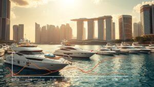 Yacht pricing trends Singapore: a luxurious setting showcasing the evolution of yacht prices in the vibrant city-state. Sleek yachts majestically anchored in a picturesque harbor, surrounded by towering skyscrapers and a tranquil, azure sea. Warm, golden sunlight bathes the scene, creating a serene and aspirational atmosphere. In the foreground, a detailed chart displays the fluctuating prices of 34-foot yachts, providing a visual representation of the market dynamics. The middle ground features yacht brokers and prospective buyers engaged in lively negotiations, highlighting the negotiation strategies and decision-making process. The background subtly conveys the affluence and allure of Singapore's yacht industry.