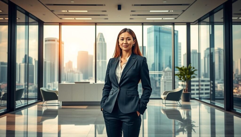 A sleek, modern office interior with floor-to-ceiling windows overlooking the Singapore skyline. In the foreground, a businesswoman stands confidently, dressed in a tailored suit, symbolizing the professionalism and trustworthiness of the corporate services. The middle ground showcases a minimalist reception desk and seating area, exuding a sense of sophistication and attention to detail. The background features the iconic buildings of the financial district, bathed in warm, natural lighting that creates a welcoming and productive atmosphere. The overall scene conveys the reliable, high-quality corporate services that Sleek provides to its clients in Singapore.