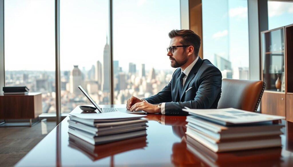 A sophisticated business executive sits at a polished walnut desk, immersed in thoughtful contemplation. Elegant glass and chrome accents adorn the airy, sun-drenched office, creating an atmosphere of professionalism and exclusivity. In the foreground, a stack of documents and a sleek tablet hint at the perks and privileges afforded to this esteemed account partner. The middle ground features a panoramic view of a bustling city skyline, symbolizing the far-reaching connections and opportunities available. Soft, diffused lighting casts a warm, inviting glow, conveying a sense of prestige and elevated status.