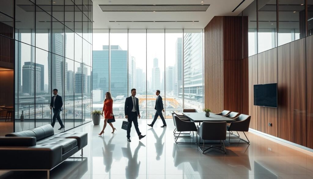 Sleek corporate office in Singapore, showcasing a modern, minimalist aesthetic. A towering glass facade reflects the city skyline, with a clean, geometric design. In the foreground, a serene lobby features plush leather seating and subtle lighting, conveying a sense of professionalism and sophistication. Employees move through the space, dressed in sharp business attire, projecting an air of efficiency and competence. The middle ground presents a state-of-the-art conference room, equipped with the latest technology for seamless client presentations. Warm wood tones and neutral color palettes create a calming, productive atmosphere. In the background, the bustling streets of Singapore's financial district provide a dynamic, urban backdrop, emphasizing Sleek's prominent position within the city's corporate landscape.