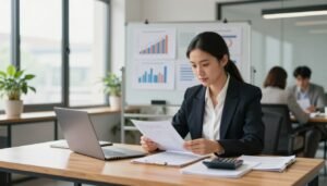A detailed, photorealistic scene depicting the account reconciliation process in a professional office setting. In the foreground, a confident businesswoman in smart attire analyzes financial documents on a sleek wooden desk, surrounded by digital tools like a laptop, calculator, and spreadsheets. The middle ground features a large window with natural light streaming in, illuminating the room with a warm atmosphere. On the wall, a large whiteboard displays charts and graphs related to financial performance and reconciliation methods. In the background, a modern office with potted plants and a soft-focus view of colleagues collaborating. The overall mood is focused and efficient, conveying a sense of professionalism and productivity in managing business finances.