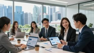 A modern financial office in Singapore, showcasing a sleek, professional workspace. In the foreground, a diverse group of business professionals, dressed in smart business attire, engaged in a discussion around a digital tablet displaying banking options. In the middle ground, a stylish conference table with laptops, financial charts, and coffee cups, emphasizing productivity. The background features large windows with a view of Singapore’s iconic skyline, including skyscrapers and greenery, bathed in natural sunlight for a bright and inviting atmosphere. The mood is focused and dynamic, reflecting the process of opening a business bank account in a bustling financial hub. The composition should be photorealistic, capturing the vivid details of the workspace and the expressions of the professionals.