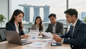 A modern, professional office scene set in Singapore, showcasing a diverse group of businesspeople reviewing documents related to opening a business bank account. In the foreground, a confident Asian woman in formal attire is pointing at charts on a laptop, while a South Asian man in a smart suit analyzes paperwork. In the middle, a sleek conference table is filled with financial documents and a smartphone displaying a banking app interface. The background features a large window showing the iconic Marina Bay Sands and the bustling city skyline bathed in warm, natural light, creating a vibrant atmosphere. The image captures determination and collaboration, focusing on overcoming common challenges in the banking process, with photorealistic detail and a crisp, professional look.