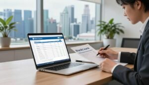 A photorealistic depiction of a dedicated bank account scene in a modern office setting. In the foreground, a sleek wooden desk features a stylish laptop displaying bank account details and an open account application. Beside it, a professional-looking businessperson in formal attire, deeply focused, is analyzing financial documents. The middle ground showcases a large window revealing a vibrant skyline of Singapore, with iconic skyscrapers in bright daylight. In the background, potted plants add a touch of greenery to the otherwise structured environment. The lighting is bright yet soft, highlighting the professionalism and clarity of the scene, creating an atmosphere of trust and efficiency, ideal for illustrating the importance of a dedicated business bank account.