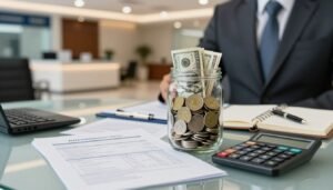 A photorealistic depiction of banking fees centered on a professional business setting. In the foreground, a clear glass jar filled with various coins and dollar bills represents hidden costs, with a calculator displaying numbers beside it. In the middle ground, a glass table is filled with official documents showing fee structures and charges, alongside a neatly organized notebook and a pen. The background features a modern bank branch with sleek design elements and a warm, inviting ambiance, softly lit by overhead lights. The scene captures a sense of seriousness and professionalism, conveying the importance of understanding fees and charges in banking.