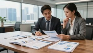 A photorealistic, detailed image depicting a comparison of business account features and benefits. In the foreground, showcase a sleek wooden table with various business account brochures and documents neatly arranged, some partially opened to reveal charts and feature lists. In the middle, add two professional individuals, a man and woman, both dressed in formal business attire, studying the materials with expressions of engagement and thoughtfulness. In the background, a softly illuminated modern office space with large windows overlooking Singapore's skyline, creating a professional and inspiring atmosphere. Use natural light to enhance the clarity and warmth of the scene, with a slight depth of field to focus on the foreground elements, while keeping the background slightly blurred.