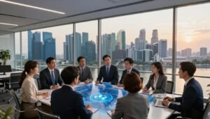 A photorealistic image depicting the concept of "International Banking Connections." In the foreground, a diverse group of professionals in smart business attire, representing various nationalities, are engaged in a dynamic discussion around a digital interface displaying financial data and global currency symbols. The middle ground features a sleek, modern office space, showcasing large windows with a panoramic view of Singapore's skyline, including iconic skyscrapers and the Marina Bay Sands. In the background, the sun is setting, casting a warm golden light that enhances the sophisticated atmosphere. The scene conveys a sense of collaboration, innovation, and the advantages of banking within Singapore’s thriving financial hub. The angle is slightly elevated, capturing the vibrancy and energy of international commerce in a polished, professional setting.
