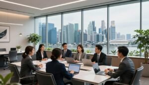 A professional business environment in Singapore featuring a modern bank office. In the foreground, a diverse group of business professionals in smart business attire are engaged in discussion around a sleek conference table with laptops and documents. The middle section showcases a large glass wall displaying the Singapore skyline, with iconic buildings like Marina Bay Sands in clear view. The background features tasteful, minimalist decor with potted plants and artful light fixtures, creating a welcoming yet professional atmosphere. Soft, natural lighting filters through the glass, enhancing the sense of openness and sophistication. Capture this scene with a wide-angle lens to emphasize the spaciousness and vibrancy of the banking environment. The overall mood should be one of collaboration, opportunity, and professionalism.