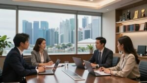 A professional meeting in a sleek, modern bank office setting. In the foreground, a diverse group of three professionals—a man and a woman in smart business attire, and another woman in modest, casual clothing—are engaged in discussion around a glossy conference table. They have laptops and documents in front of them, indicating collaboration. The middle of the image features a large window with a stunning view of Singapore's skyline, showcasing iconic buildings and greenery. Soft, warm lighting illuminates the room, creating an inviting ambiance. In the background, shelves neatly lined with financial books and awards highlight the bank's professionalism. The overall mood is one of trust, partnership, and prosperity, reflecting the essence of building a strong banking relationship.