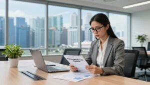 A professional setting depicting the concept of "Business Bank Account Eligibility" in Singapore. In the foreground, a well-dressed businesswoman, wearing a smart blazer and glasses, reviews documents on a tablet in a modern office space. In the middle, a sleek conference table is adorned with a laptop, financial reports, and a plant, adding a touch of greenery. The background features large windows with a view of Singapore's skyline, filled with high-rise buildings and a clear blue sky. The lighting is bright and inviting, emphasizing a sense of professionalism and focus. The overall mood conveys determination and success, perfect for illustrating the eligibility requirements for opening a business bank account in Singapore.