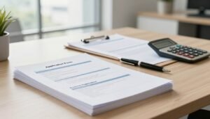 A professionally arranged desk scene featuring essential documentation for a business bank account application in Singapore. In the foreground, a neat stack of glossy, organized documents with clear headings like "Application Form," "Identification," and "Business Registration" stands out. The middle of the image includes an elegant clipboard, a sleek pen, and a financial calculator, all carefully arranged, enhancing the professional atmosphere. The background features a softly blurred view of an office with modern decor and natural light streaming through large windows, creating a warm, inviting mood. The lighting is bright yet soft, focusing on the official documents without shadows. The overall impression is one of professionalism and readiness for business endeavors.